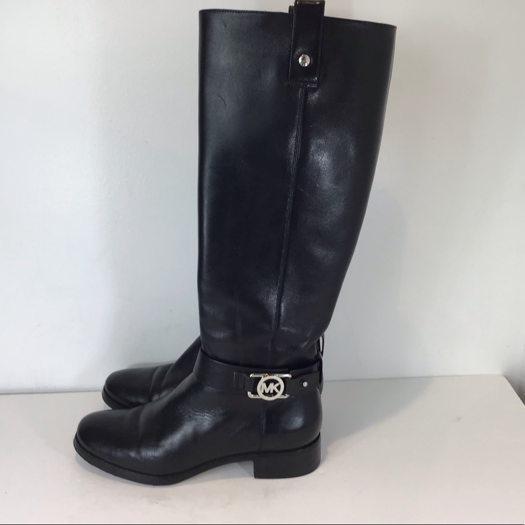Michael Kors Black Tall Leather Logo Riding Boots Sz 6.5